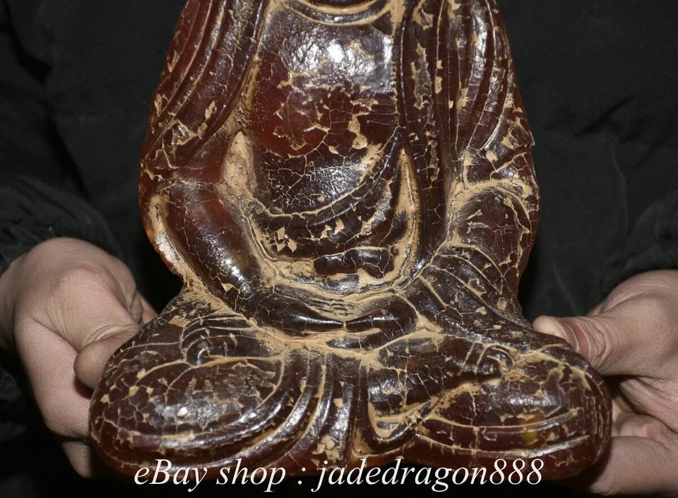 9.6" Chinese Buddhism Marked Red Amber Sit Shakyamuni Amitabha Buddha Statue - Image 4 of 4