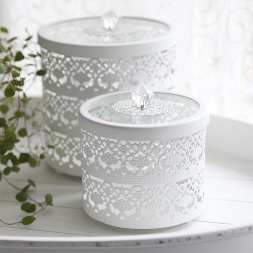VINTAGE Metalldose weiß 2tlg. Set Dose Ornament mit Spitze shabby chic Landhaus