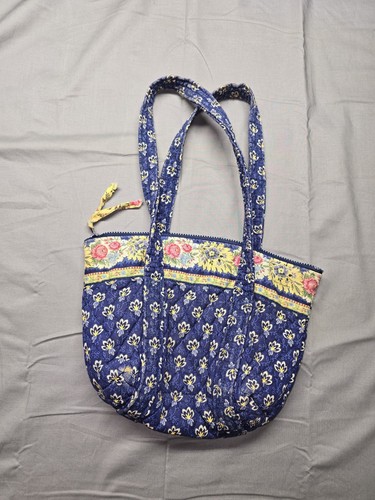 Vintage Vera Bradley Blue Floral Quilted Tote Bag Purse Zip Top 13" Daisy Daisy - Picture 2 of 7