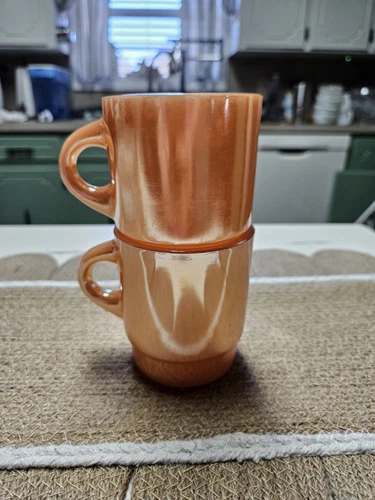 1 Fire King Peach Luster Mug Anchor Hocking D Handle Iridescent Mid Century USA