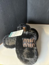 Black Faux Fur Slippers Size 40 EUR 9 US Closed Toe SlipOn Rubber Sole NEW Slide