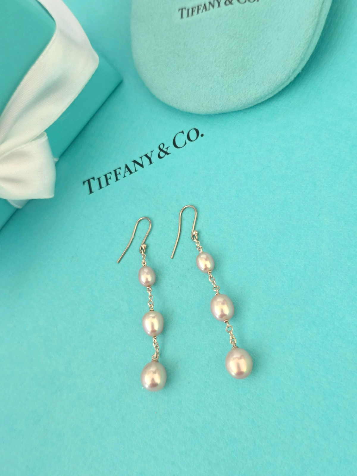 Tiffany & Co Elsa Peretti Pink Pearls by the Yard Dangle Silver Earrings RRP£800 image 2