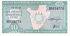 Burundi 1997 New Bill Of 10 Francs Amafranga 05.02.1997 Pick 33D UNC