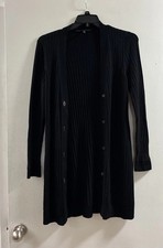 White House Black Market W Sz M Black Knit Ribbed With Silver Button Cardigan
