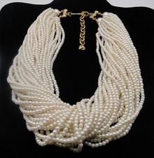 Elegant Vintage 32 Strand Faux Pearl Bib Necklace with Adjustable Gold Clasp