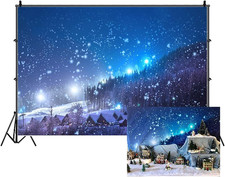 7x5ft Christmas Backdrop Rustic Village Night View Forest Trees Snowing Shining