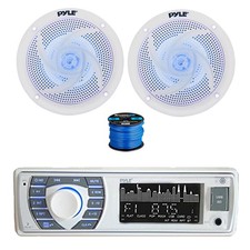 Pyle BT Marine MP3 Stereo Receiver, 2x 6.5" 240W LED Speakers White w/ Wire