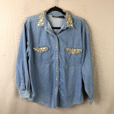 Western Bling Top Womens L Blue Denim Rhinestone Studded Jeweled Statement