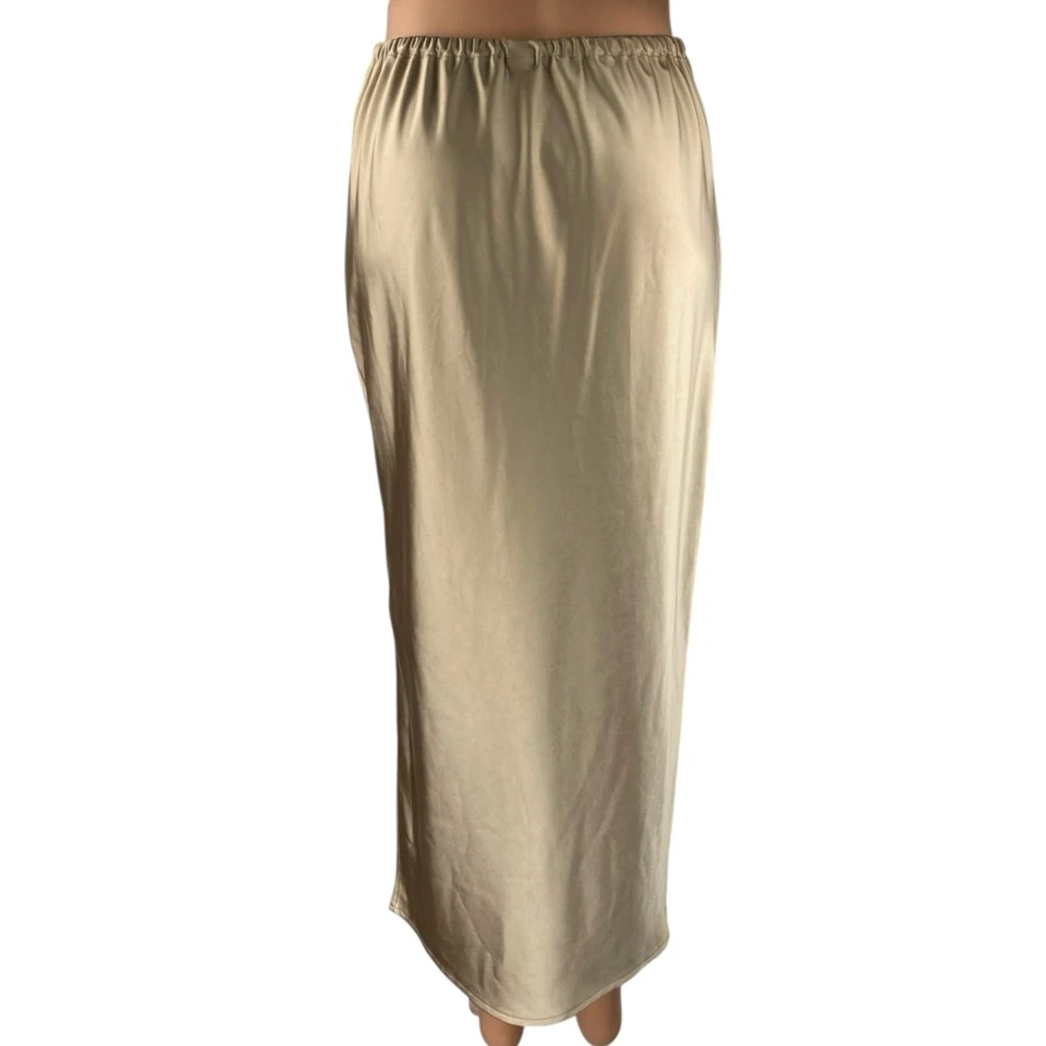 Saia lápis reta média fenda cintura alta cetim sedoso metálico dourado marinho antiga XS - Imagem 3 de 4