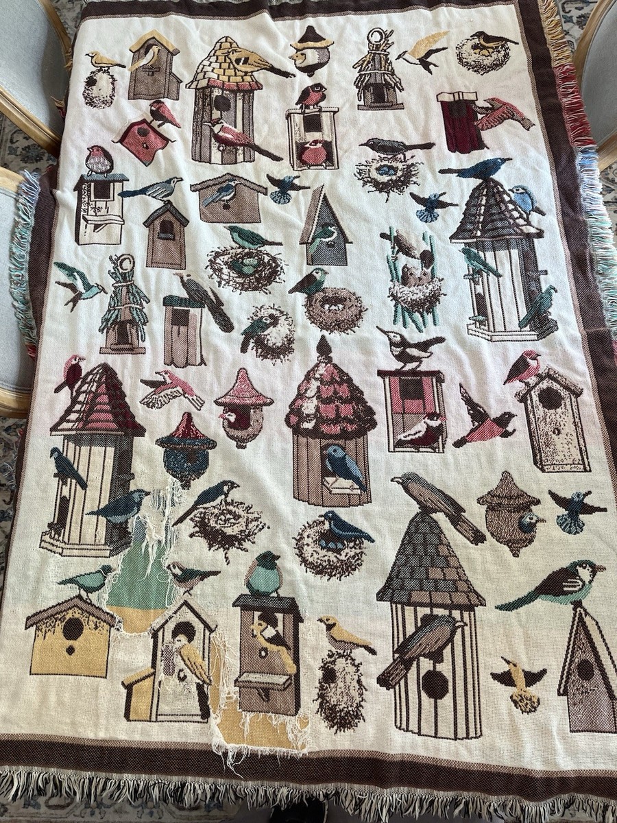 VTG Goodwin Weavers Pastel Birds Birds Birdhouses Tapestry Fringe