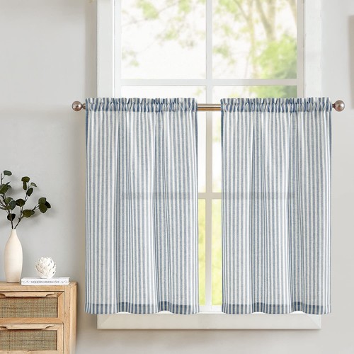Kitchen Curtains Linen Striped Blue Tier Cafe Curtains for Bathroom Kitchen F...