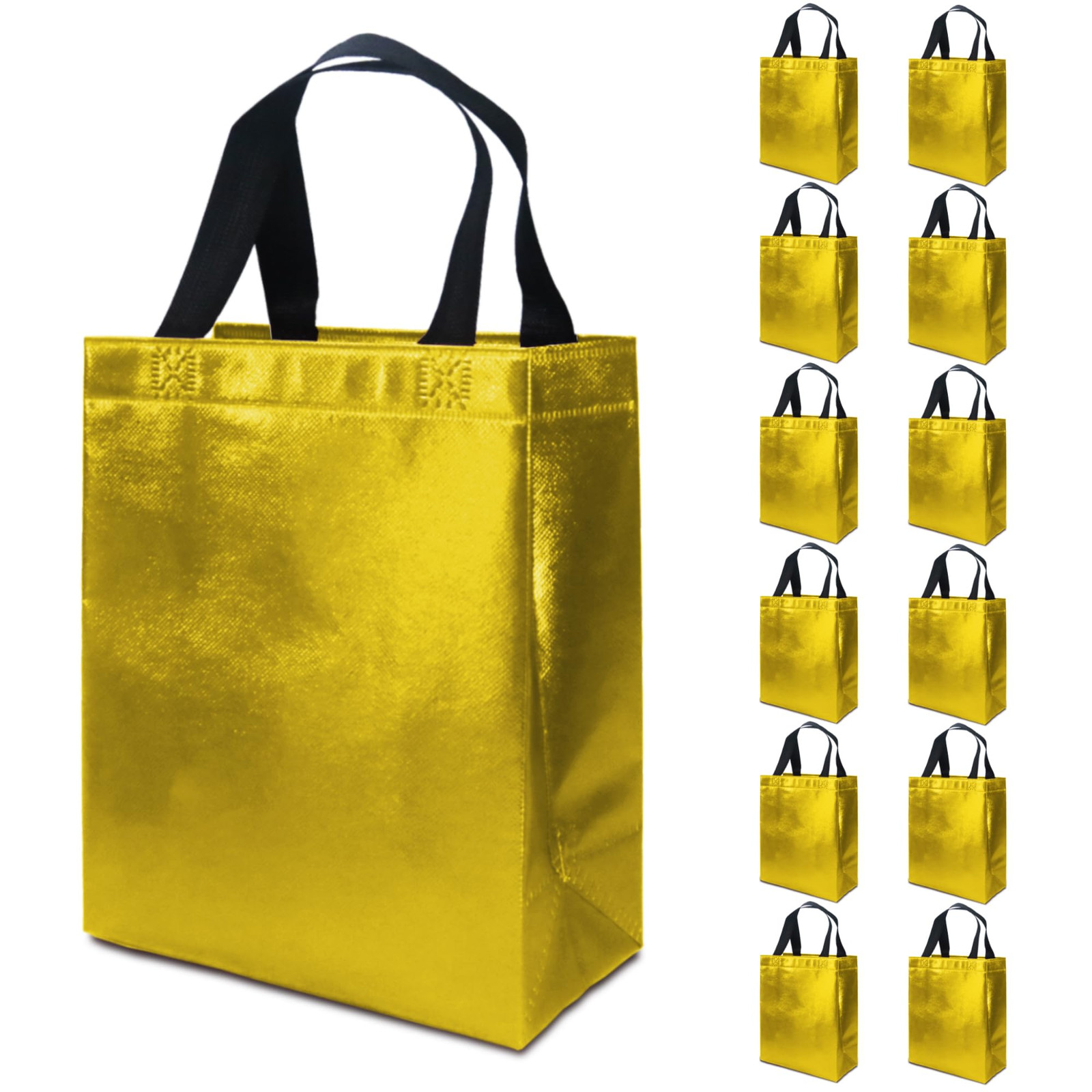 12 Pack Medium Gold Gift Bags with Handles and Tissues - Reusable Party Favor Bags