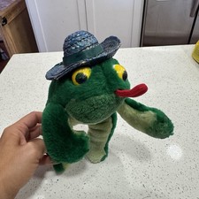Vintage Fleegle Frog Russ Berrie Co. Plush 9  Green Frog Hat Tongue Yellow Eyes