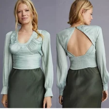 Anthropologie Smocked Blouson Sleeve Blouse Sage Green Open Back Satin Party L