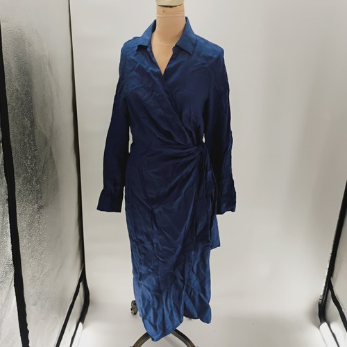 Magaschoni blau Leinen Midi Wickelkleid Gr. 10 Langarm leicht atmungsaktiv - Bild 2 von 12