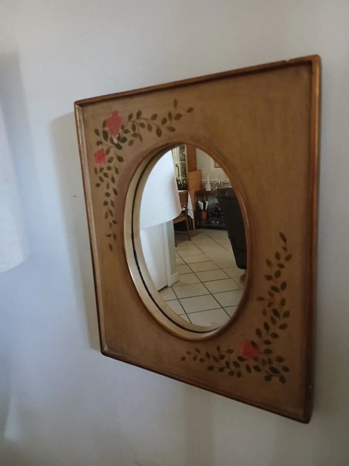 Cottage Core Hand-Painted Floral Wood Wall Mirror With Oval Glass Vintage Style - Image 3 of 4