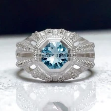 Aquamarine Hexagon Cut Gemstone With 925 Sterling Silver Ring For Men's #154