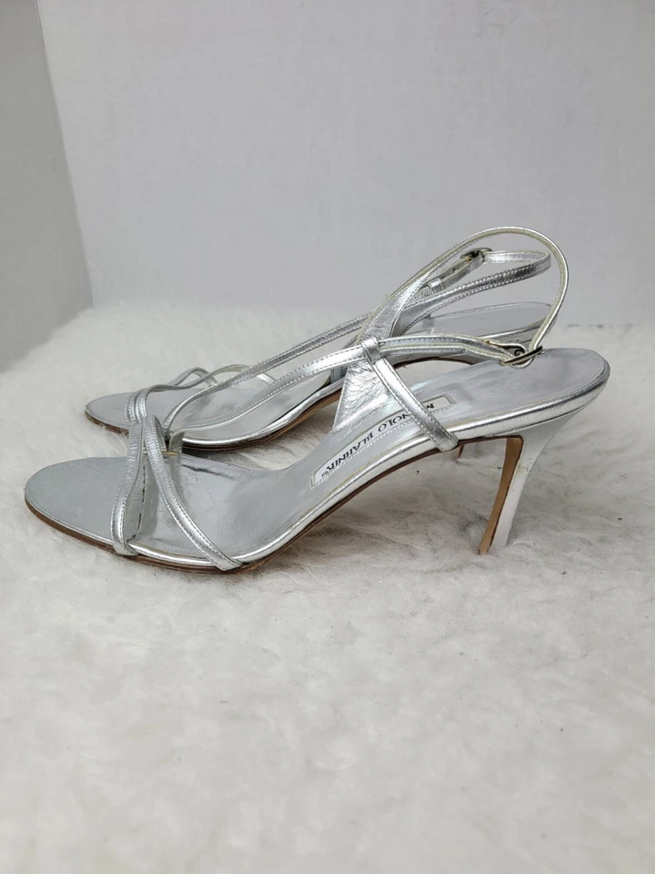 Manolo Blahnik Womens Heel Sandals Size 8.5 Silver Leather Slingback Open Toe - Image 3 of 4
