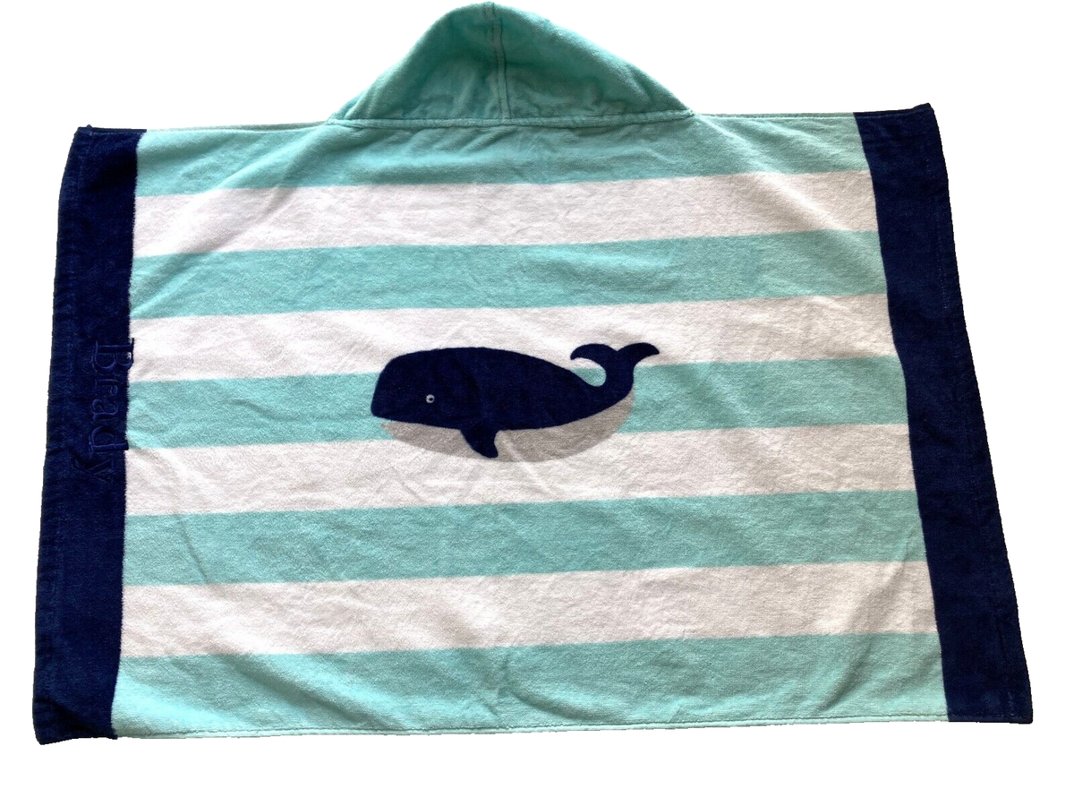 Pottery Barn Kids BRADY mono Whale Stripe BABY Beach Hooded Towel