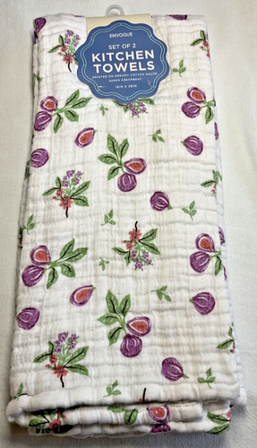 ENVOGUE KITCHEN TOWELS (2) PURPLE FLOWERS 18 X 28 100% COTTON GAUZE NWT