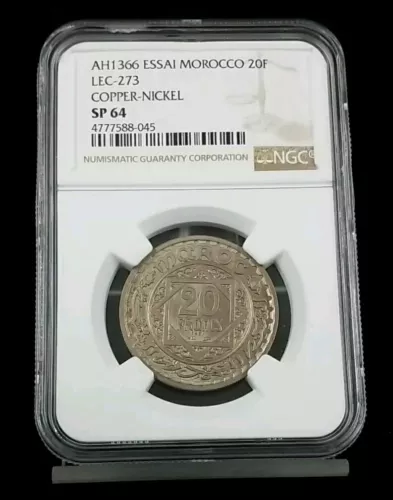  AH1366 "ESSAI" MOROCCO 20F LEC-273 Copper-Nickel  NGC SP 64 #1209
