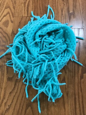 Girls Blue Green Loop Fringe Scarf Silver Metallic Thread VGUC