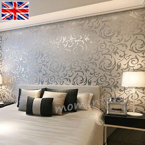 Luxury 3D Victorian Damask Embossed Wallpaper Silver Grey Living Room