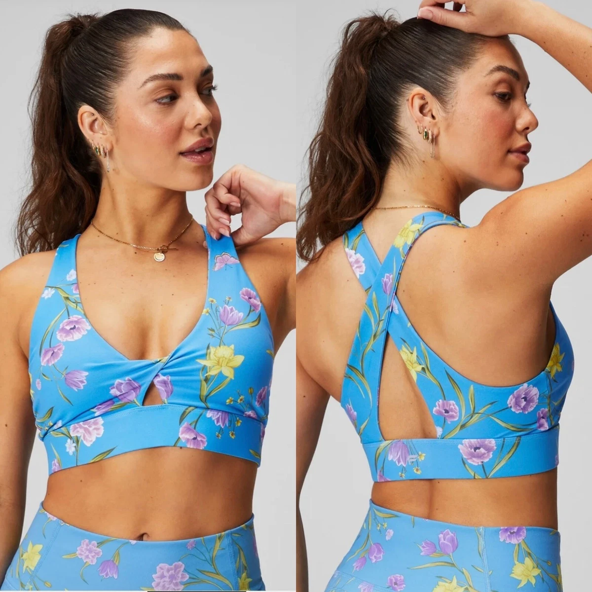 Fabletics Womans Oasis Twist Sports Bra Daffodil Dream Flower Blue