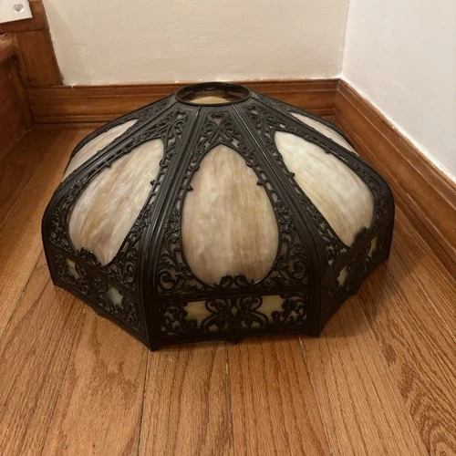 Antique Early 1900s Bronze & Slag Glass Table Lamp Shade 19” X 8.5”