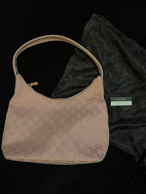 GUCCI GG Canvas Leather Shoulder Bag Pink Zip Closure Vintage From