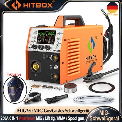 6in1 Schweißinverter 250A 240V Aluminium MIG/Gaslos TIG Spoolgun Schweißmaschine
