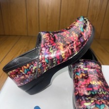 Dansko Professional Clogs Multi Color Knit Print Patent Leather Shoes Size 38