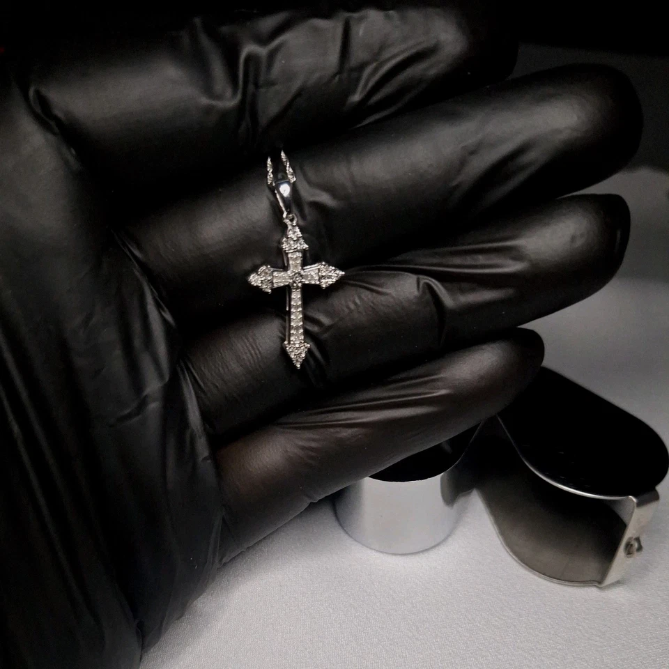 Collar Cruz Con Diamantes Naturales Reales 1/10 Ct.t.w Mujer Hombre Cadena Cruzada  Foto 3 de 4