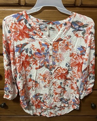 Grand & Greene Women L Floral Rayon Henley Blouse 3/4 Sleeve Orange Blue Top 41''
