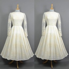White Ivory Wedding Dresses Long Sleeves Lace Appliques Tea Length Bridal Gown