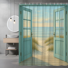Coastal Beach Shower Curtain, Blue Ocean View, Waterproof Fabric Decor