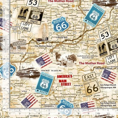 Route 66 Travel Vacation Fabric - By The Yard - Cotton Timeless Treasures CD3060