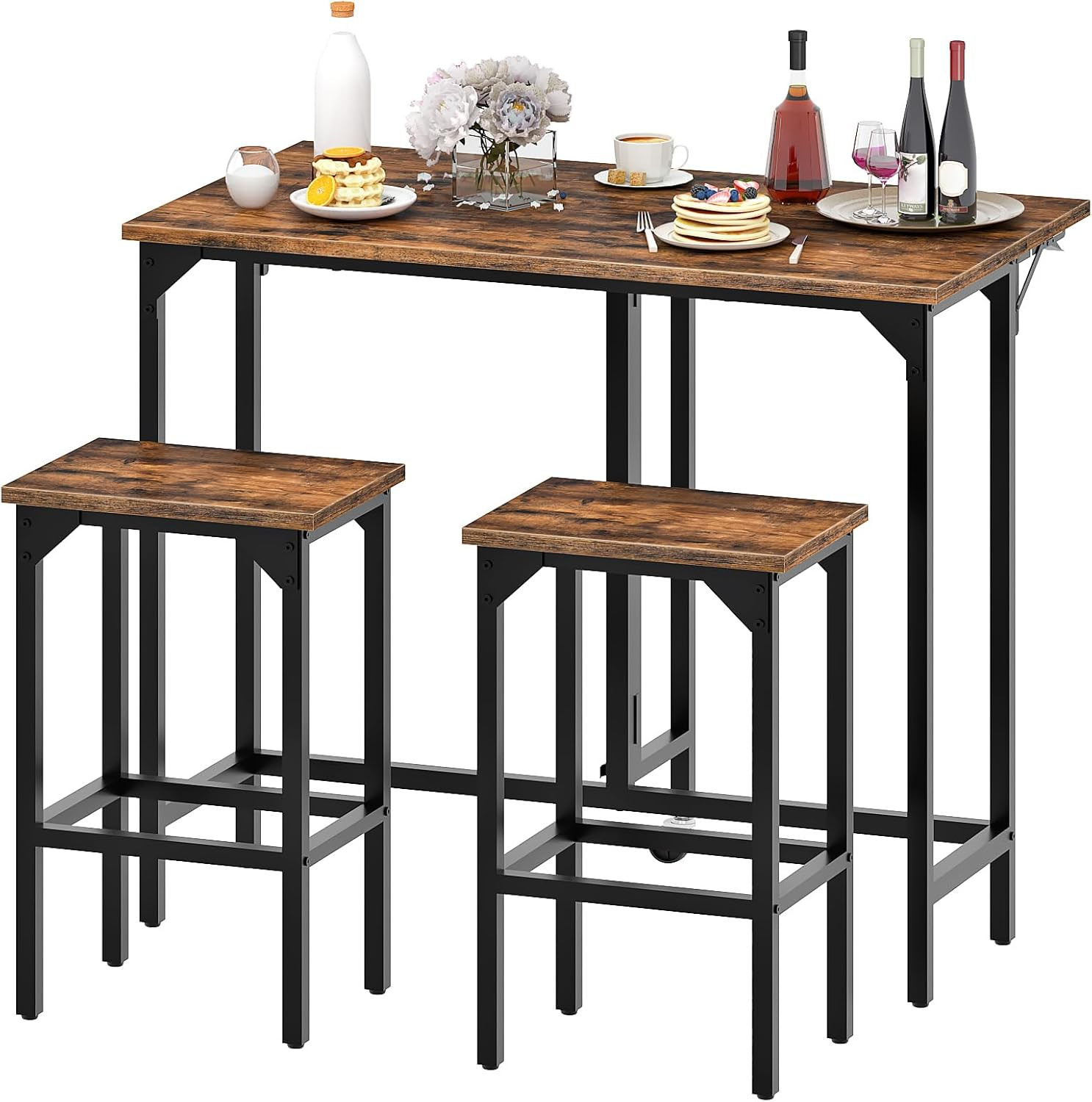 Bar Table and Stool Set, 39.4'' Folding Dining Table with 2 Stools, Industrial S