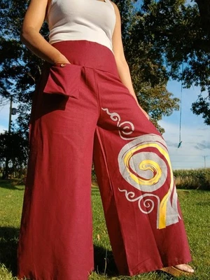 ELLU Rote Baggy Bohemian Palazzo Haremshose Damen Frauen weites Bein Hippie Hose