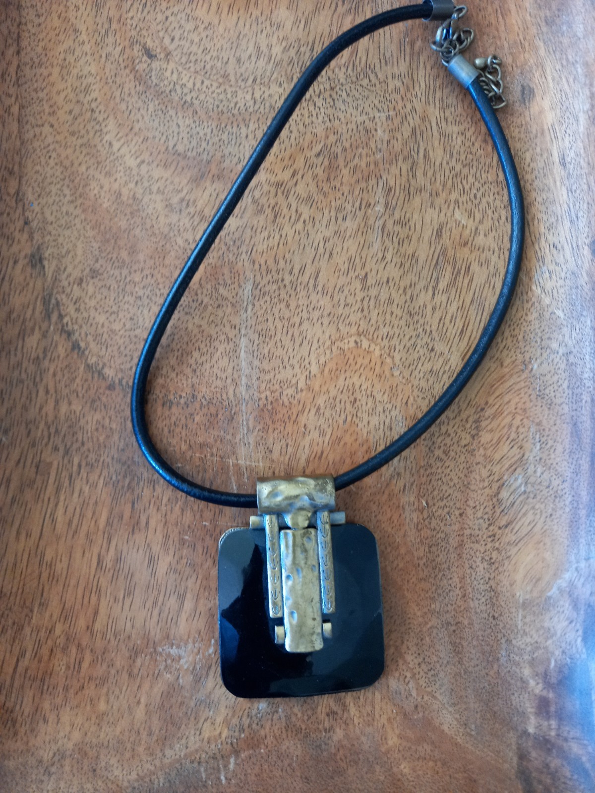 Solid Brass Black Resin Statement Necklace  Leath… - image 3