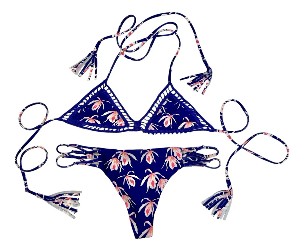 Traje de baño ACACIA Blue Island Orchid Santorini Maui floral ganchillo bikini talla L/P Foto 3 de 4