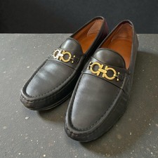 Salvatore Ferragamo Men's Black Leather Loafers with Gancini Gold Buckle 9D