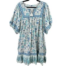 Old Navy Floral Mini Dress Womens 2X Blue Boho Tassel Ruffle Sleeve Cottagecore