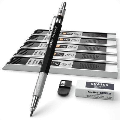 Nicpro 2.0 mm Mechanical Pencil Set, Artist Metal 1 Count (Pack of 1), Black 