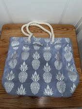 Sun N’ Sand Canvas Beach Bag Light Blue with Silver Pineapples w/ Rope Handles