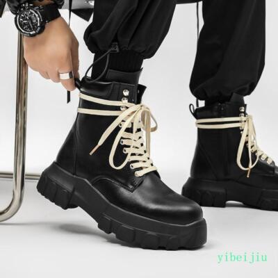 Mens Leather Ankle Boots Lace Up Shoes Motorcycle High Top