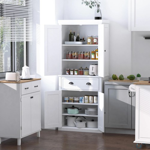 Freestanding Kitchen Pantry Cabinet MDF Colonial Style Storage Shelves White - Picture 9 of 12