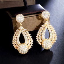 Dubai Gold Plated Cubic Zirconia CZ Bridal Women Long Dangle Round Drop Earrings