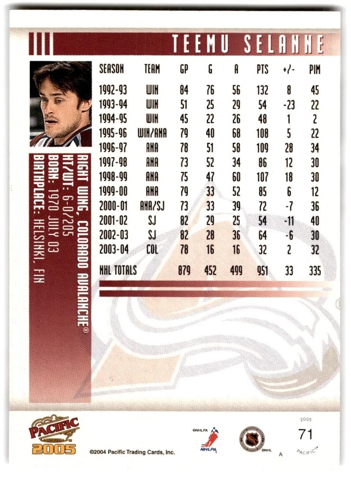 2004-05 Pacific Teemu Selanne #71 Colorado Avalanche - Image 2 of 2