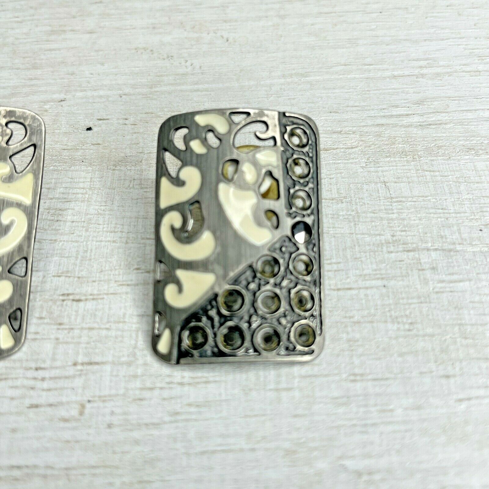 Rectangle White Enamel Crystal Scroll Stud Earrin… - image 3